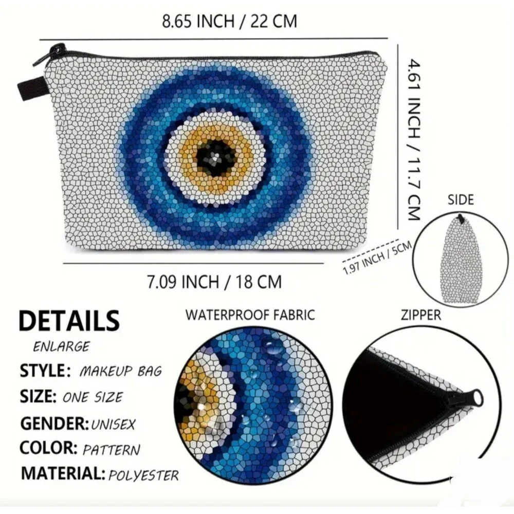 White and blue evil eye Zip make up‎ bag